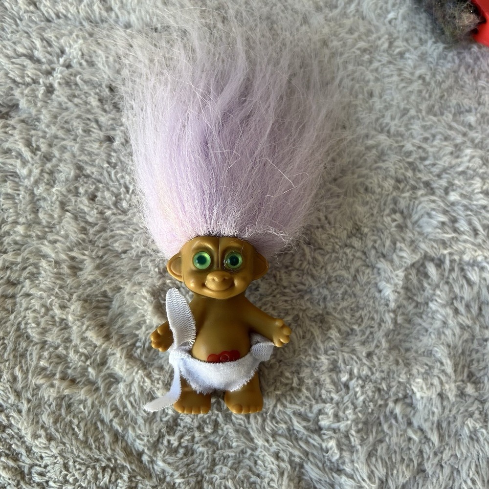 Vintage Baby TROLL Doll White Diaper Bib Russ 4" Figure purple  Hair BROWN Eyes
